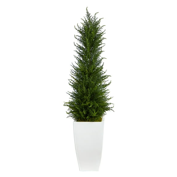 Nearly Natural 3.5ft. Cypress Artificial Tree in White Metal Planter UV Resistant (Indoor/Outdoor)