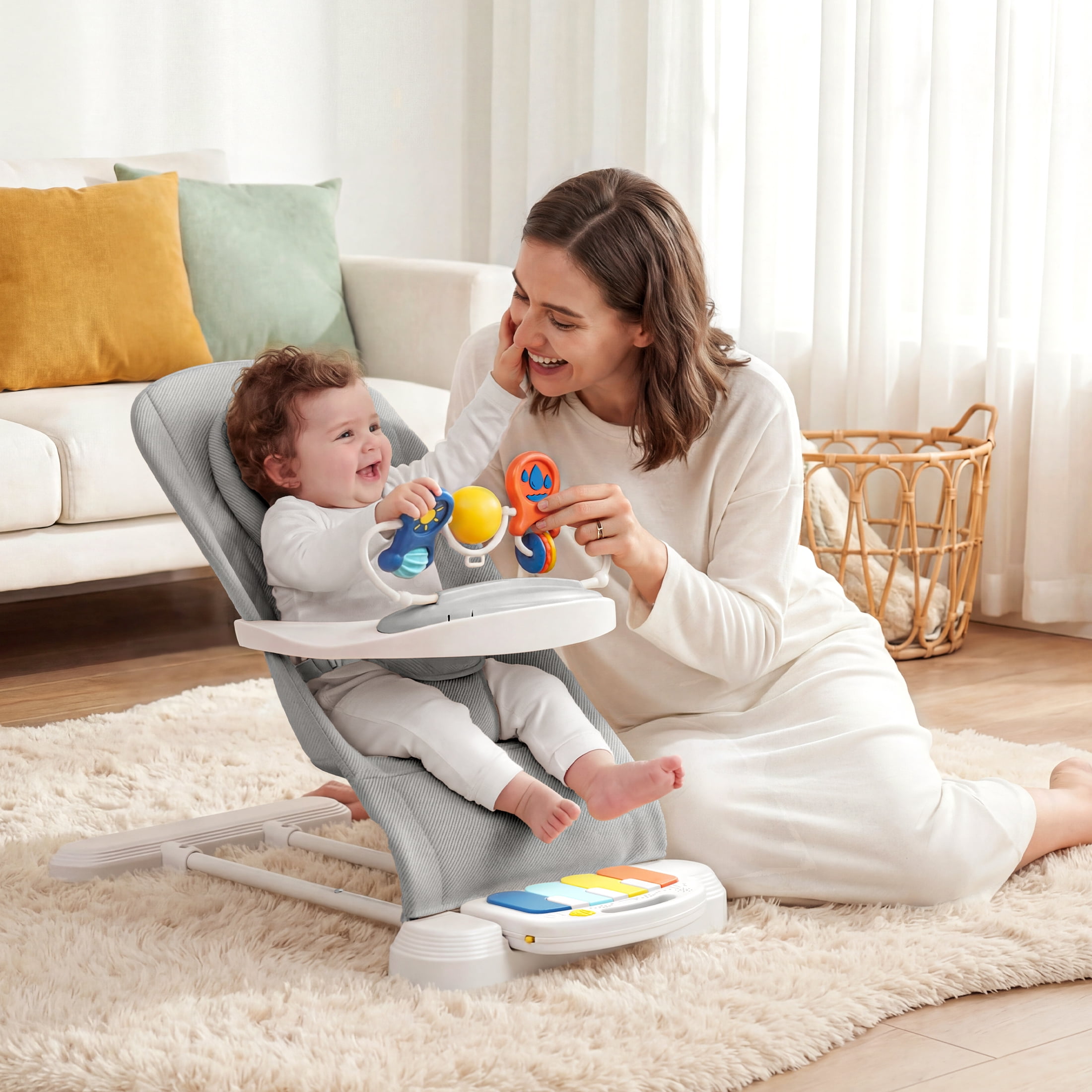Babyomi 4-1 Baby Bouncer , 3-Level Recline Foldable Rocker for Infant to Toddler 0-6 with Detachable Pianos, Feeding Tray and Play Bar 12-24 Months, Girls and Boys Gift, Gray