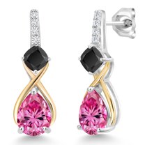 Gem Stone King 925 Sterling Silver and 10K Yellow Gold Pear Shape Pink Moissanite Black Onyx and White Lab Grown Diamond Dangle Earrings for Women (2.86 Cttw, Pear Shape 8X6MM)