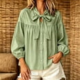 thumbnail image 6 of Ayolanni Scoop Neck Blouses for Women Solid Ruched Cotton Linen 3/4 Sleeve Blouse Puff Ladies Tie Front Button Down T-Shirt Womens Tops Green S, 6 of 6