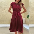 thumbnail image 4 of Bigersell Dress Shirts for Women Casual Fashion Summer Short Sleeve Round Neck Solid Color Pleated Dress Dress Female Women Fit & Flare Dresses, Style 30441, Wine XXL, 4 of 6