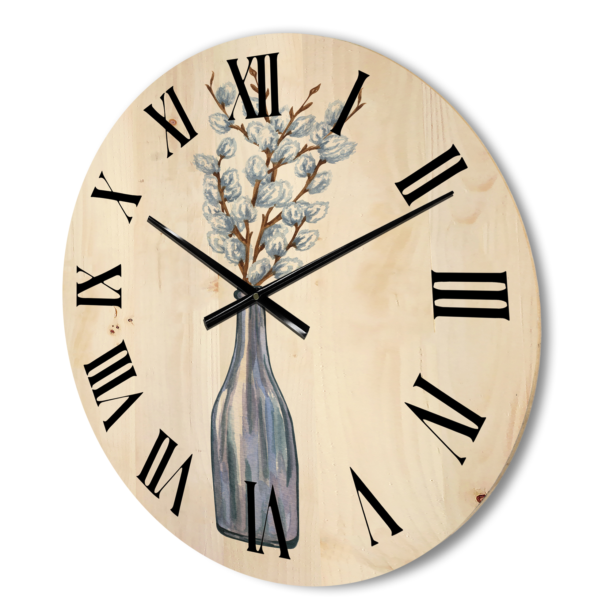 Designart 'Bunch of White Pussy Willow Twigs II' Farmhouse Wood Wall Clock