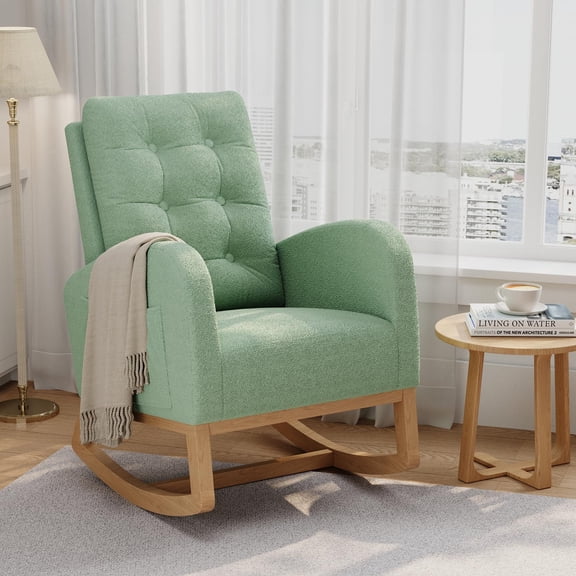 BouPower Modern Upholstered Nursery Rocking Glider Chair with High Back & Side Pocket, Sturdy Wooden Leg Accent Rocker for Living Room Bedroom