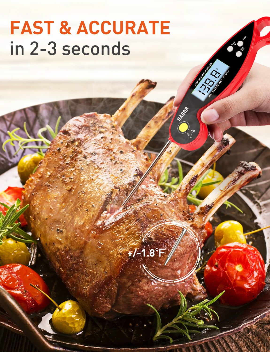 Habor Meat Digital Cooking Thermometer, Instant Read Kitchen, 5.5'' Long  Probe, Hanging Hole, ºF/ºC, Auto-Off for Food, BBQ, Water, Sugar, Milk