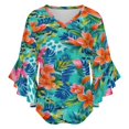 thumbnail image 5 of Vibrant Tropical Floral Teal Print Women's V-Neck Blouse With 3/4 Ruffled Bell Sleeves Casual Top Ladies Blouses, 5 of 7