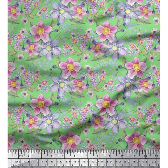 Soimoi Green Cotton Duck Fabric Anemone & Lavender Blue Flower Floral Printed Craft Fabric by the Yard 44 Inch Wide