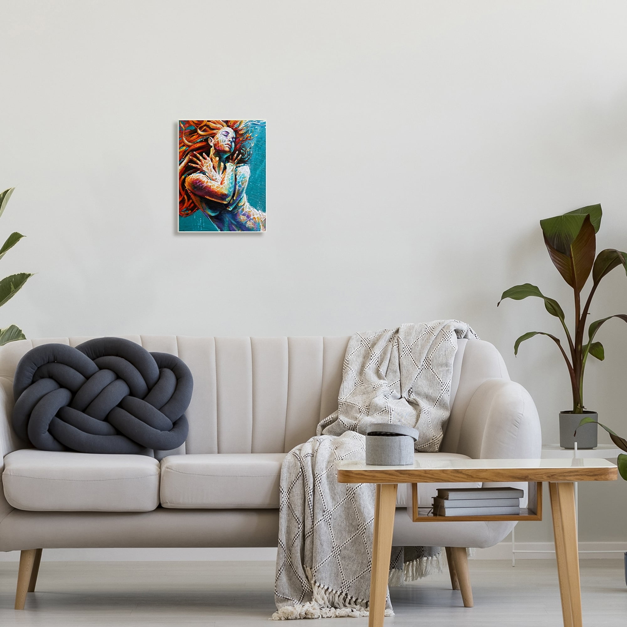 Beautiful Vivid Woman Underwater Swimming Flowing Hair Coastal Painting Unframed Art Print Wall Art