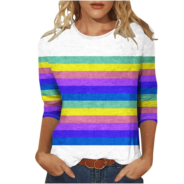 FAIWAD T-Shirt Femme à Blocs de Couleur Manches 3/4 Col Rond chandail-Over Haut Été Tendance à Rayures Imprimées Blouses