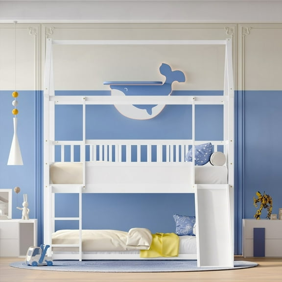 Twin Over Twin Floor Bunk Bed featuring a Convertible Slide & Ladder, Safety Guardrail & Built-in Mattress Support