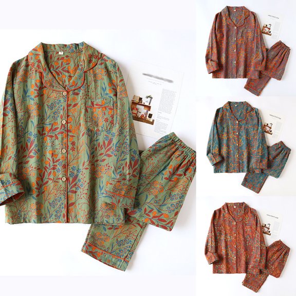 FRSASU Womens Vintage Leaf Print Lapel Loungewear Set,Colorful Floral Long Sleeve Trousers Cardigan,Women's Pajama Two Piece Set Red