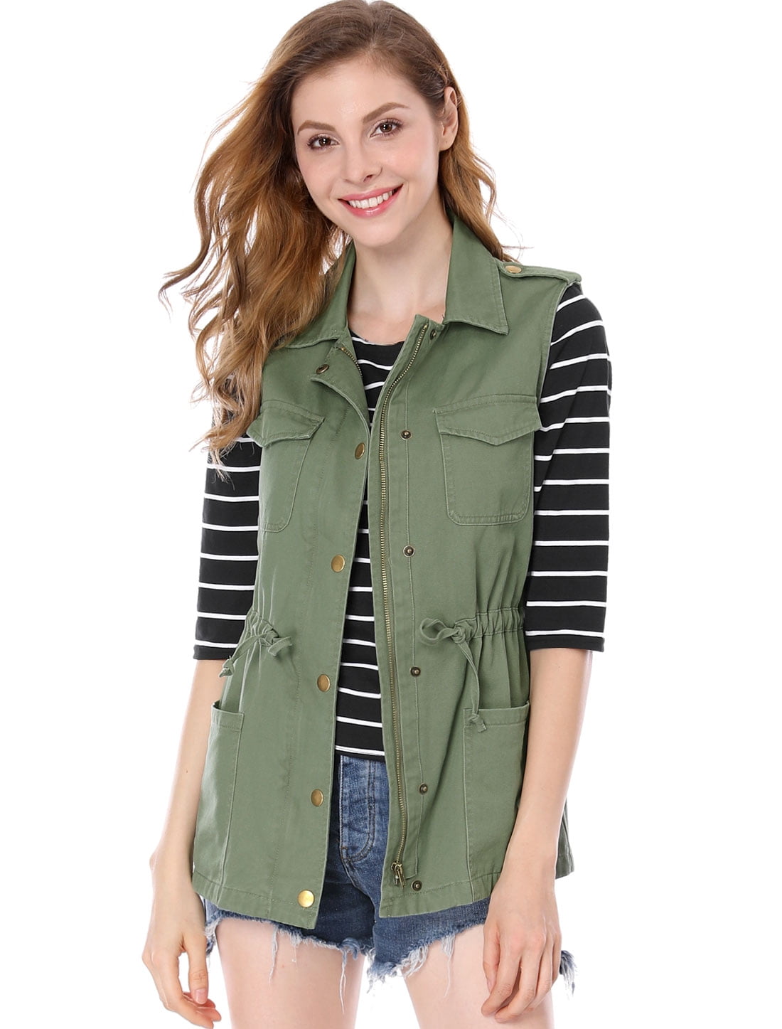 DARING DIVA Women Functional Pockets Drawstring Waist Cargo Vest 3XL Green