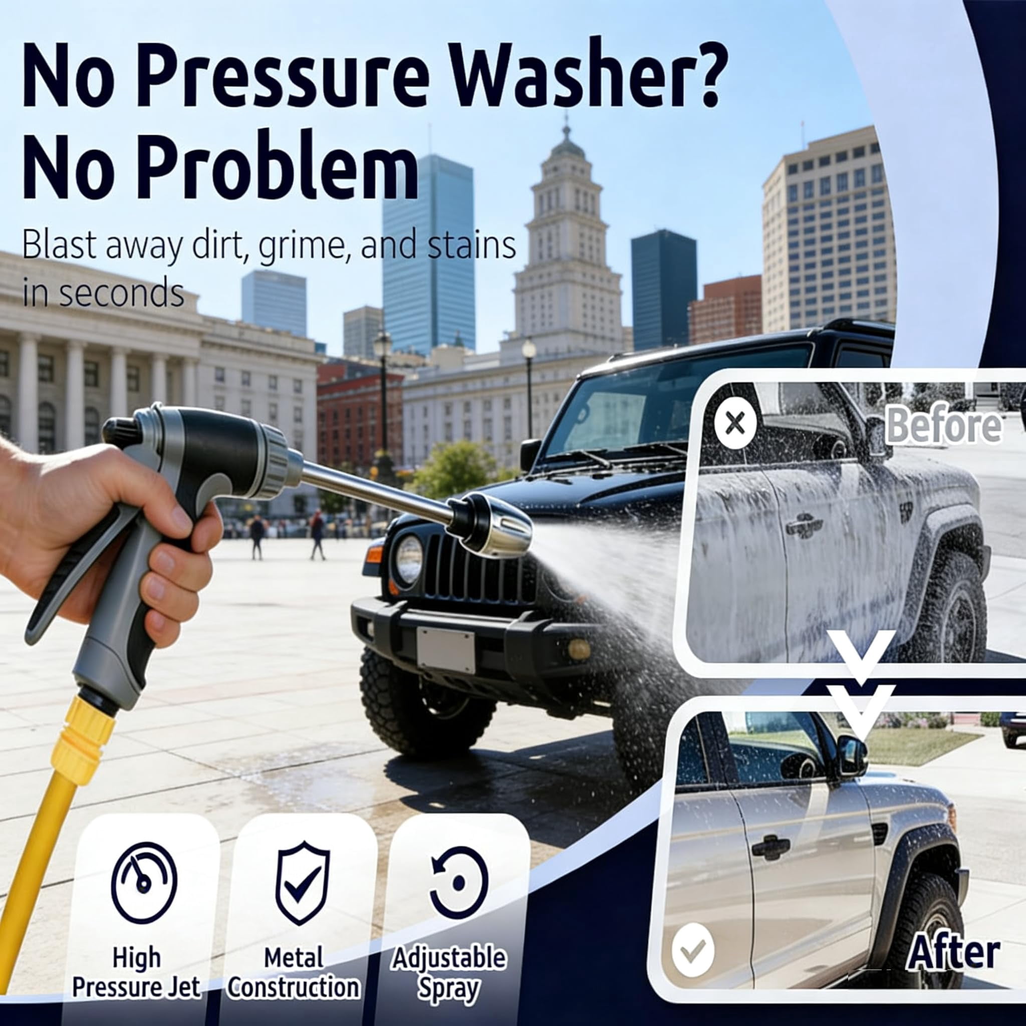 Pressure Washer, Handheld Power Washer with 360° Rotating Nozzle, 3 Spray Modes, Stainless Steel Universal Hose Fit, Tool-Free Installation