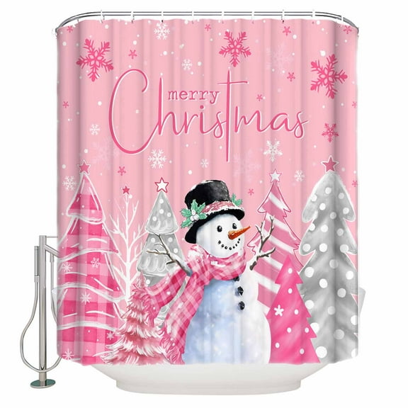 72x78 Inch Shower Curtain Pink Christmas Bathroom Decor Waterproof Fabric Bathtub Bath Curtains Decorative Xmas Snowman Snowflake Tree Gray Extra Long Shower Curtain Set with Hooks