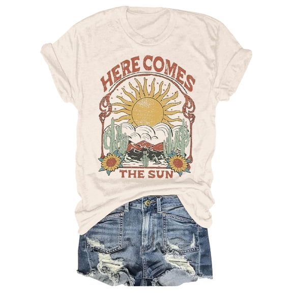 FASHOFT Beach Sunset Graphic Oversized Shirts for Womens Retro Summer Beach Party T-Shirt Tropical Vacation Tee Tops Beige XL