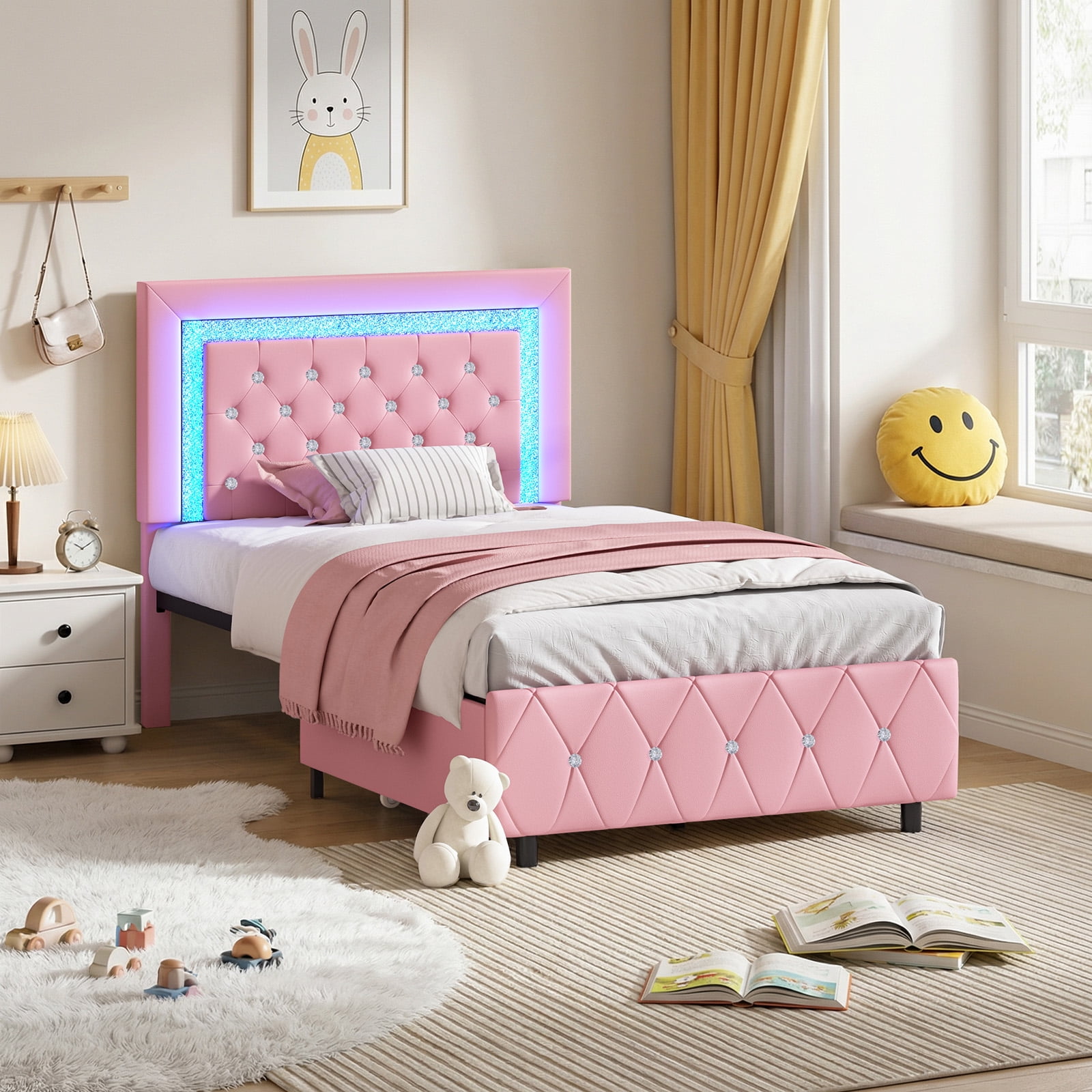 4 EVER WINNER Twin Size LED Bed Frame with Storage, Upholstered Platform Bed with 2 Drawers, Adjustable LED Lights Headboard, Pink
