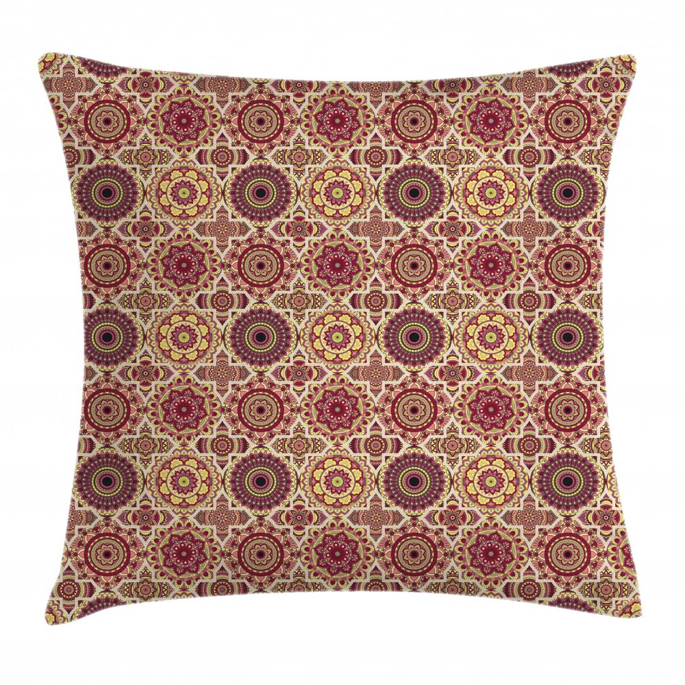 Moroccan Throw Pillow Cushion Cover, Artistic Patchwork Style Pattern with Old Fashioned Flowers