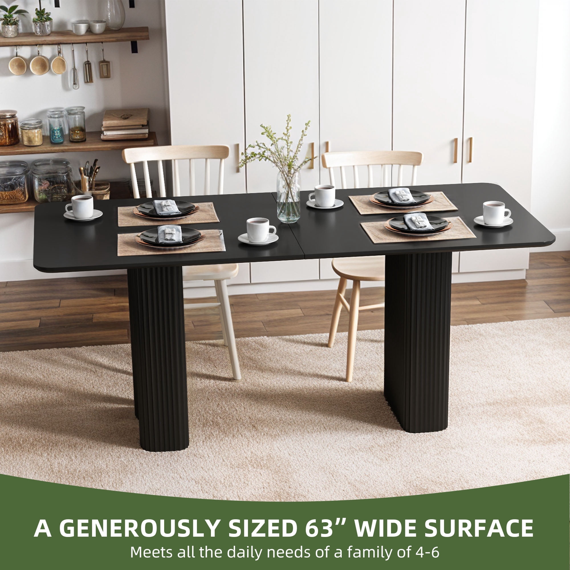 Uforic 63" Modern Dining Table with Curved Wave Legs, Rectangular Kitchen Table for 4-6 Person,Black