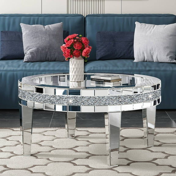 35.5'' Round Glass Top Coffee Table with Crystal Inlay Modern Round Coffee Table Silver Accent Table for Living Room Decor