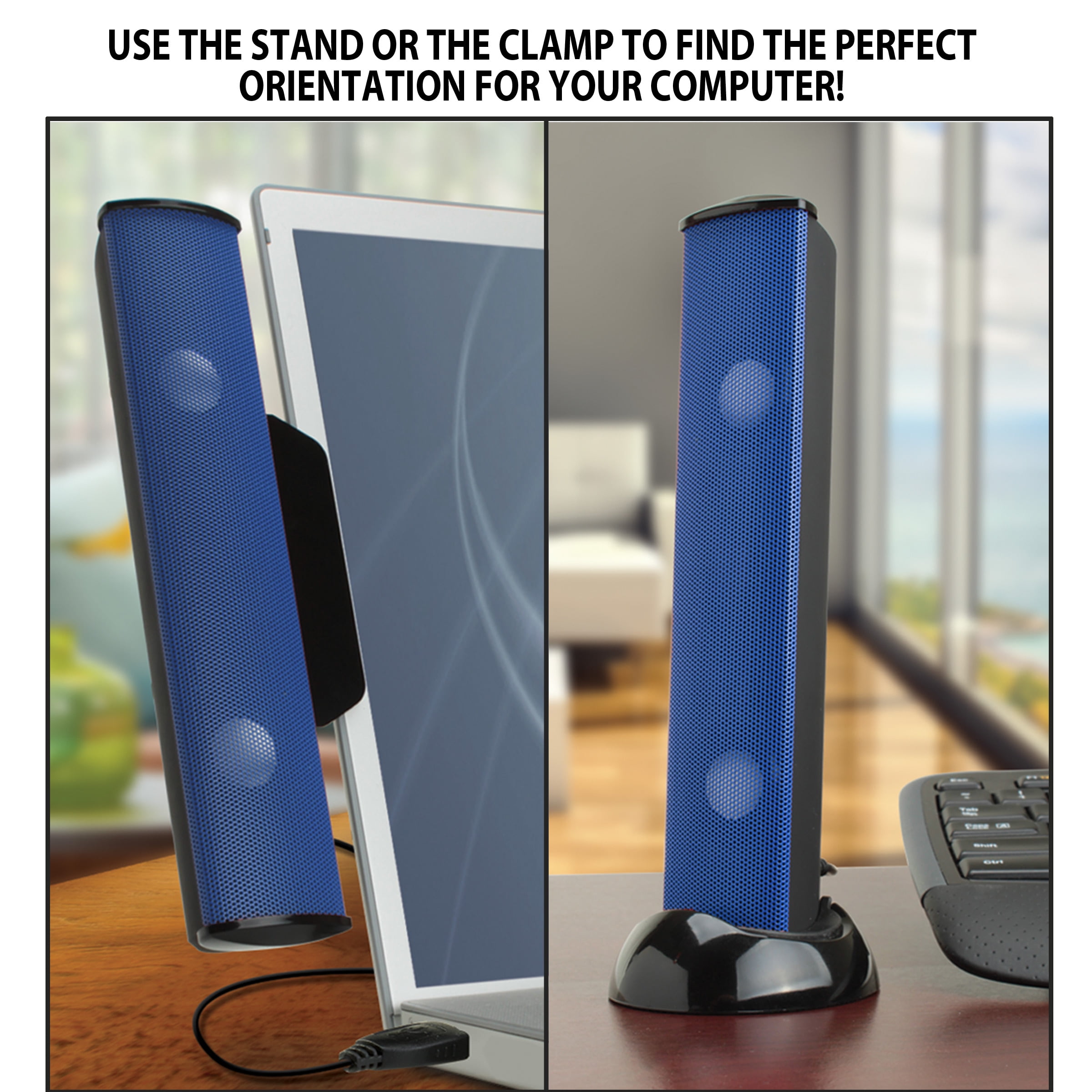 GOgroove SonaVERSE USB Speakers for Laptop Computer - USB Powered Mini Sound Bar with Clip-On Portable External Speaker Design for Monitor, One Cable for Digital Audio Input and Power (Blue)