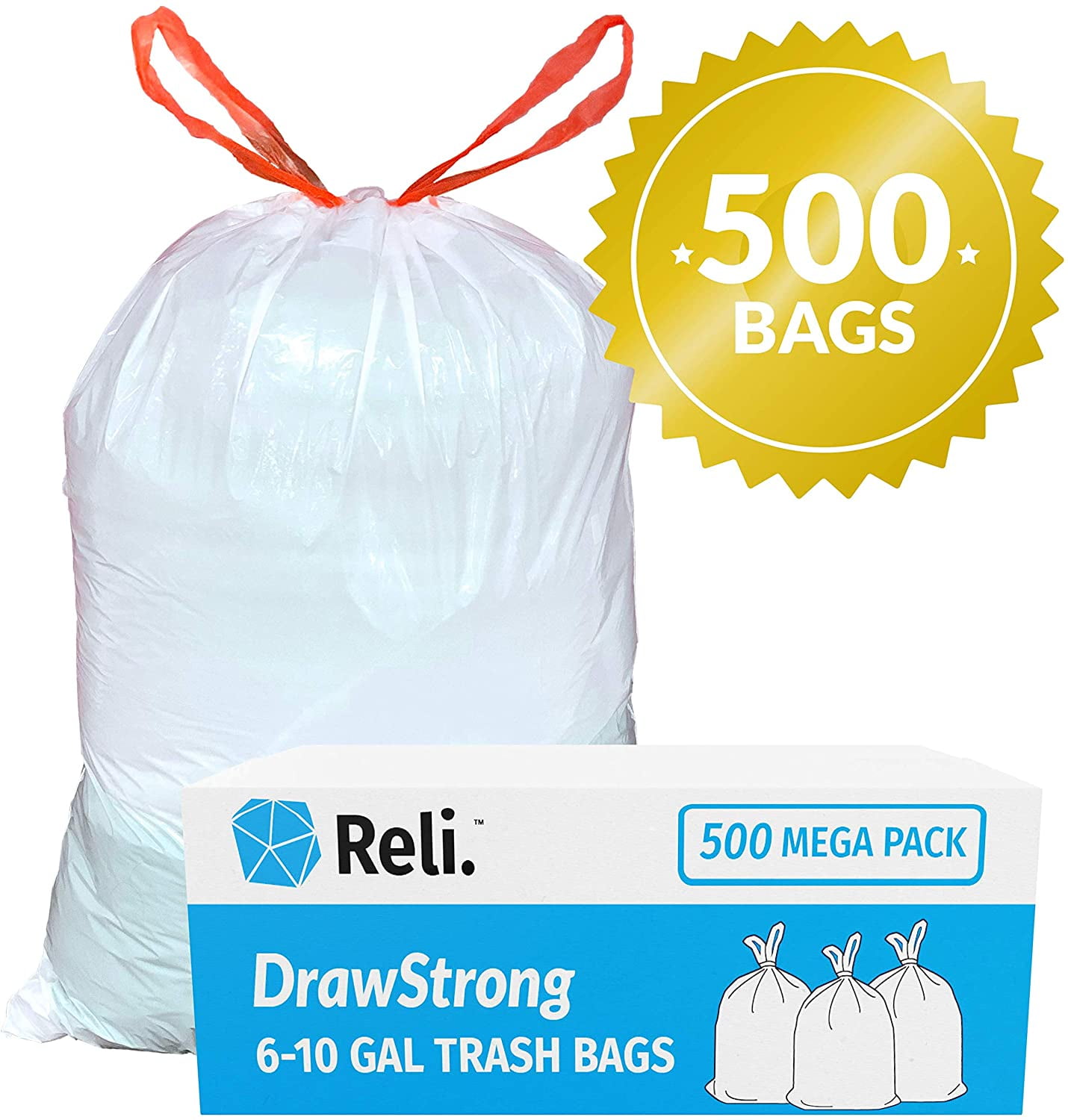 Reli. 610 Gallon Trash Bags Drawstring (500 Bags) Small 8 Gallon Trash Bags Drawstring (White