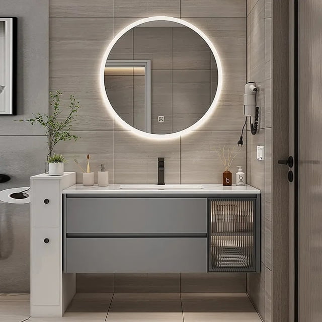 Marble Smart Bathroom Vanity Cabinet With Sink And Mirror Looking Combination One Hand Wash Basin Washbasin Toilet Round Mirror My Lux Decor Round