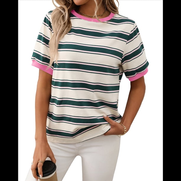 Camisetas de Corta con Bloques de Color A Rayas, Rosa y Verde, Talla L