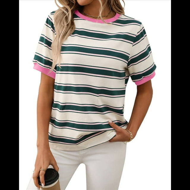 Camisetas de Corta con Bloques de Color A Rayas, Rosa y Verde, Talla M
