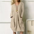 thumbnail image 2 of Vestido de mujer frente plisado manga larga cuello redondo color puro vestido suelto casual con bolsillos para primavera otoño caqui L, 2 of 6
