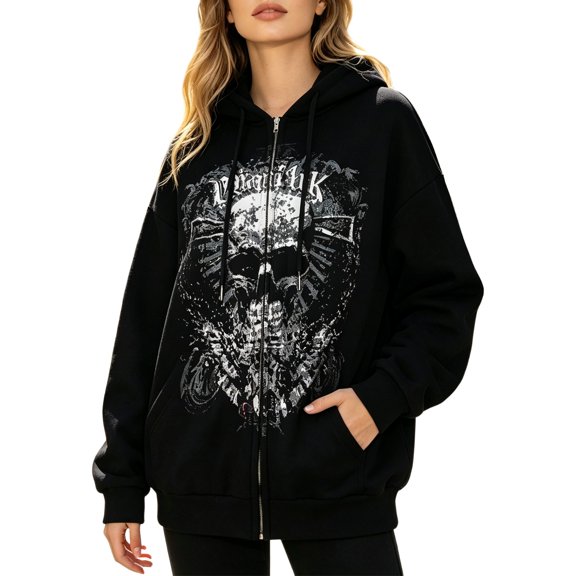 BODOA0 Women's Skull Graphic Zip Up Hoodie Oversized Full Zip Sweatshirt with Long Sleeves Hood and Side Pockets Fall Casual Soft Cozy Streetwear Jacket Black L