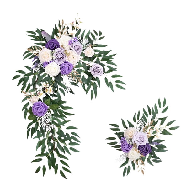 2 piezas de arco de boda con flores para esquinas, flores verdes, estilo rústico, respaldo para silla de boda Púrpura