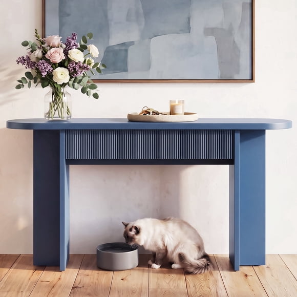 OMCMUU Table Console de 63 Pouces avec 2 Tiroirs, Table d'Entrée Cannelée avec Rangement, Table de Sofa Robuste derrière le Canapé, Table de Couloir Mi-Siècle (Bleu)