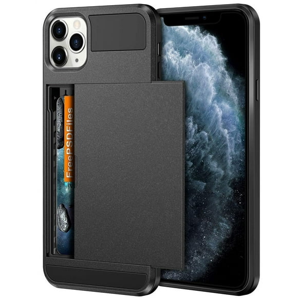 For Apple iPhone 11 Pro Max Black Shockproof Card Slot Wallet Heavy Duty Case Tough 360 Cover Case