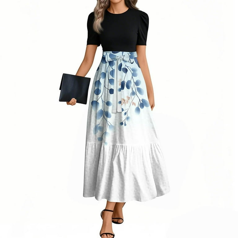 TQWQT Modest Dresses for Women Short Sleeve Teacher Dress Business Maxi  Dresses Floral Print Cute Empire Waist Patchwork Ruffle Hem A Line Dress  Fashion Funeral Outfit Blue L - Walmart.com