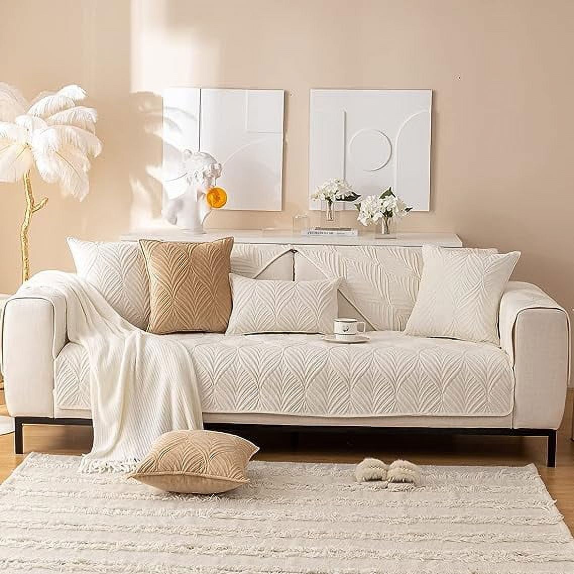 Nvzi Super Soft Velvet Quilted Sofa Couch Covers Non-Slip Sectional Couch Cover(Cream,36"x70")