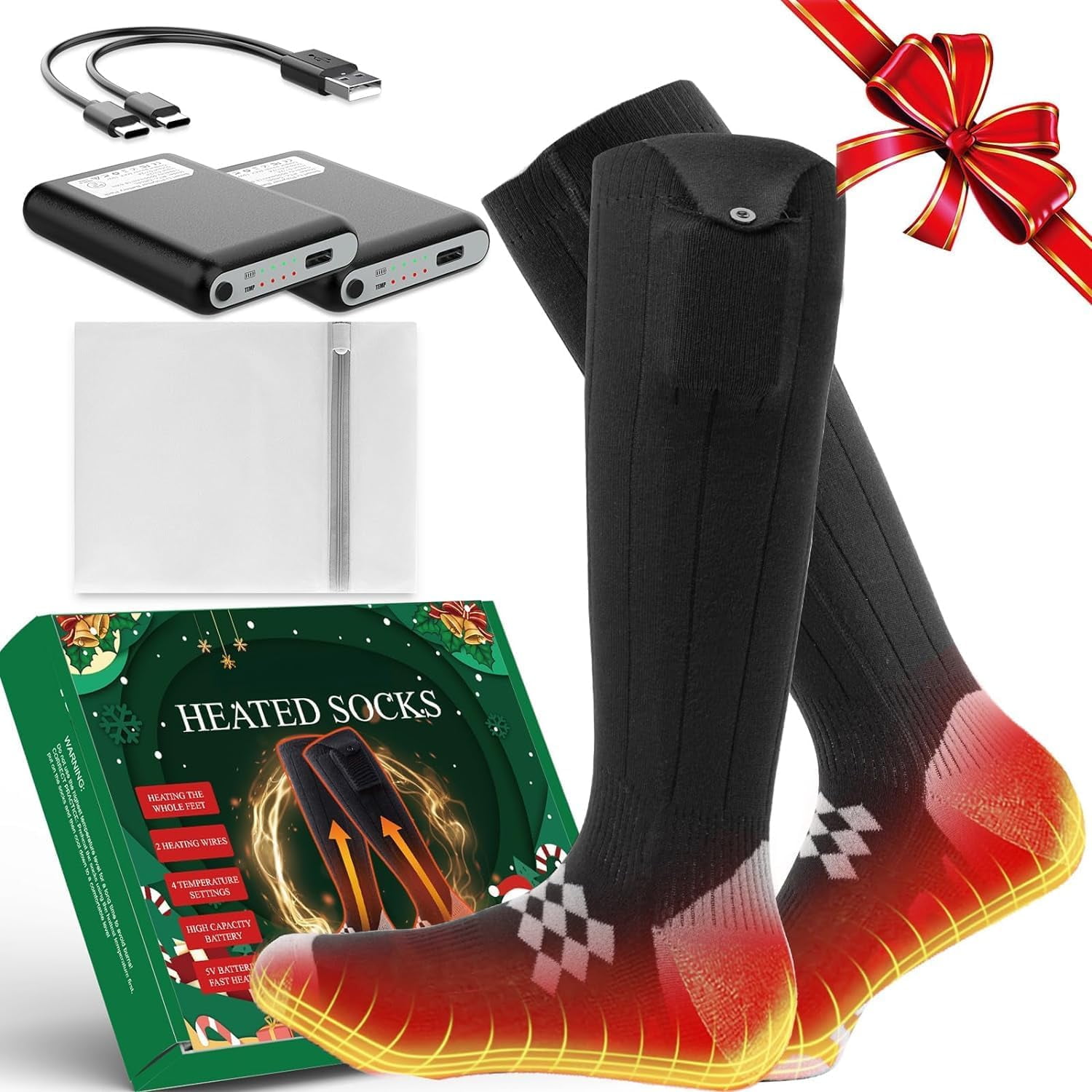 Heated Socks 7500mAh/5V | 2 X Heating Wires | Max. 16.5H, Rechargeable Electric Socks for Men Women 4 Temperature Settings, Machine Washable Warming Socks, Warmer for Whole Soles