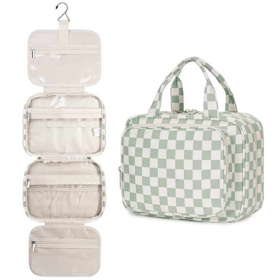 Checkerboard Hanging Travel Toiletry Bag with Hook, Makeup Bags for Women Cosmetic Organizer Toiletries for Brush Shampoo Travel Essentials, Green