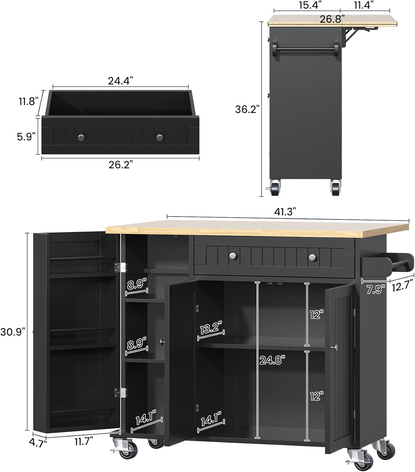 Meteorleg Kitchen Island with Storage, 41.3" W Wood Kitchen Island Cart with Drop Leaf, Black Rolling Cart with Lockable Wheels