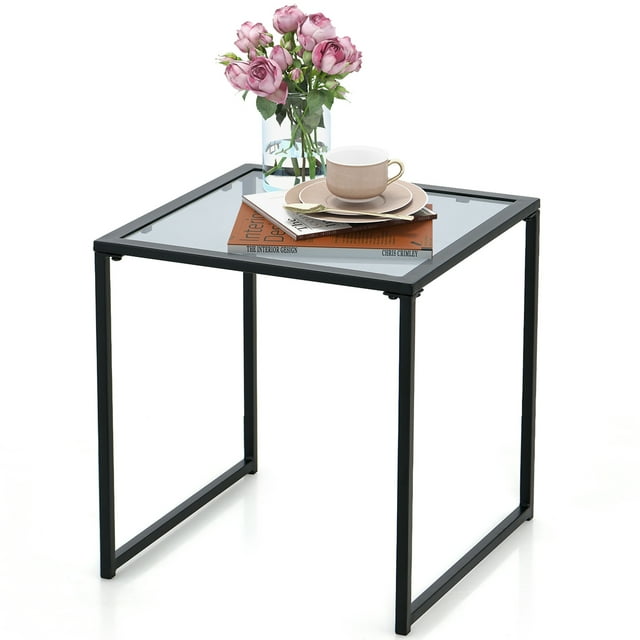 Mesa auxiliar de vidrio templado Costway 43 cm con marco de metal para interiores y exteriores
