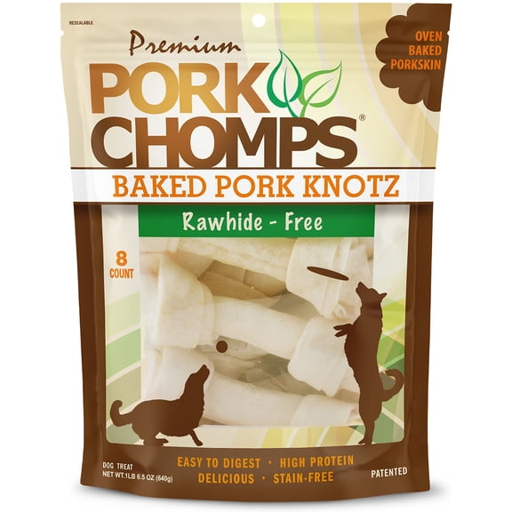 Pork Chomps Premium Rawhide-Free Baked Pork Skin Knots Dog Chews, 7 Inch, 8 Count