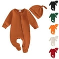 thumbnail image 4 of Odeerbi 0-6 Months Infant Boys Girls Cotton Romper with Hat Set Children's Solid Color Round Neck Long Sleeve Jumpsuit Infant Boys Girls Clothes, 4 of 4