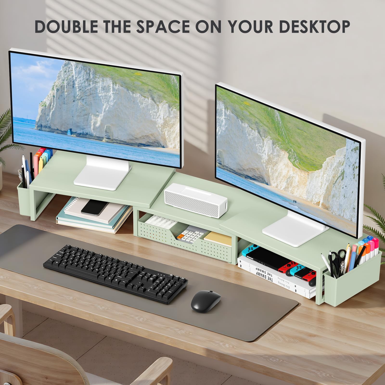 Desk Organizers And Accessories  Dual Monitor Stand Riser With Drawer 2 Pen Holders Shelf Metal Computer For Office Workspace Desktop Organization (green Metal)