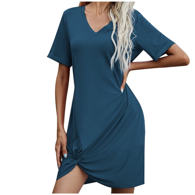 Yuyuzo Robes T-Shirts pour Femmes Manches Courtes Col en V Mini Robe Ourlet Froncé Couleur Dégradée Robes Courtes Décontractées