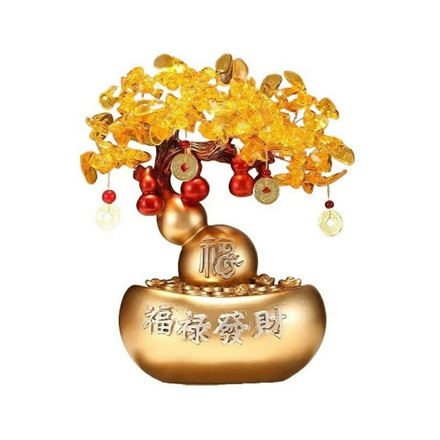 Feng Shui Gemstone Money Tree Ornaments, Fortune Gourd Gold Ingot Citrine Crafts