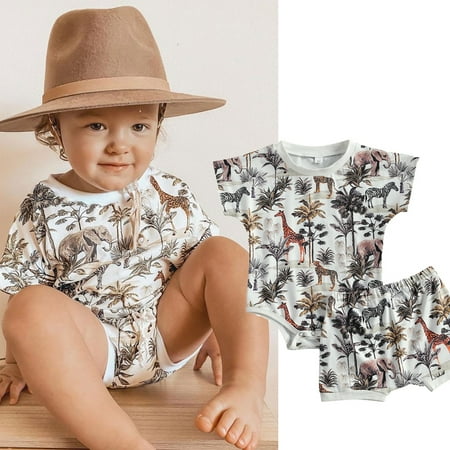 

ZIYIXIN Toddler Baby Unisex Summer Outfits Short Sleeve Romper Animal Print Tops Shorts Pants 2Pcs Clothes White 6-12 Months