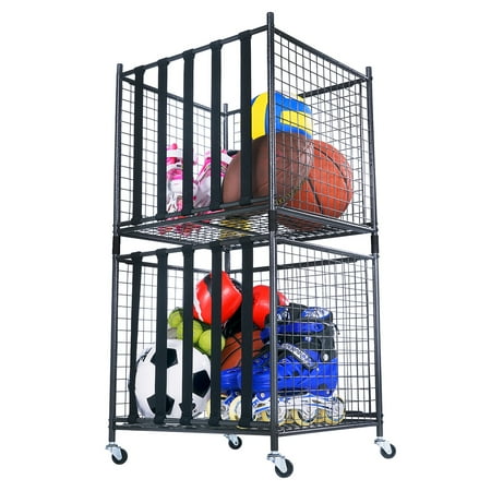 Mythinglogic Football Basketball Accessories Rolling Sports Ball Storage Cart Sports Storage Cage Lockable Ball Storage Organizer Locker with Elastic Straps Stackable Ball Cage for Garage Storage