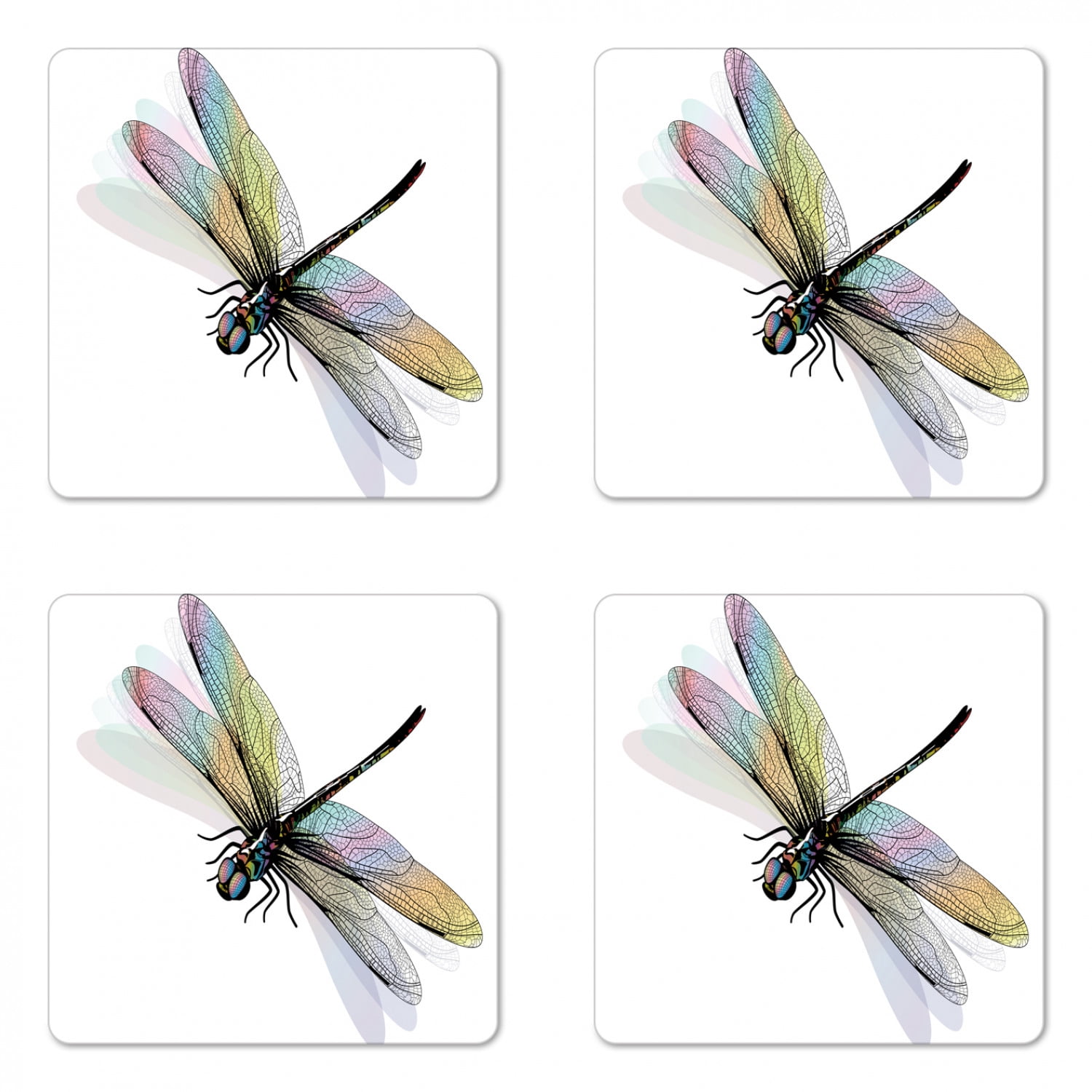 Dragonfly Coaster Set of 4, Shady Bug Pattern Ornate Lace Style Beauty