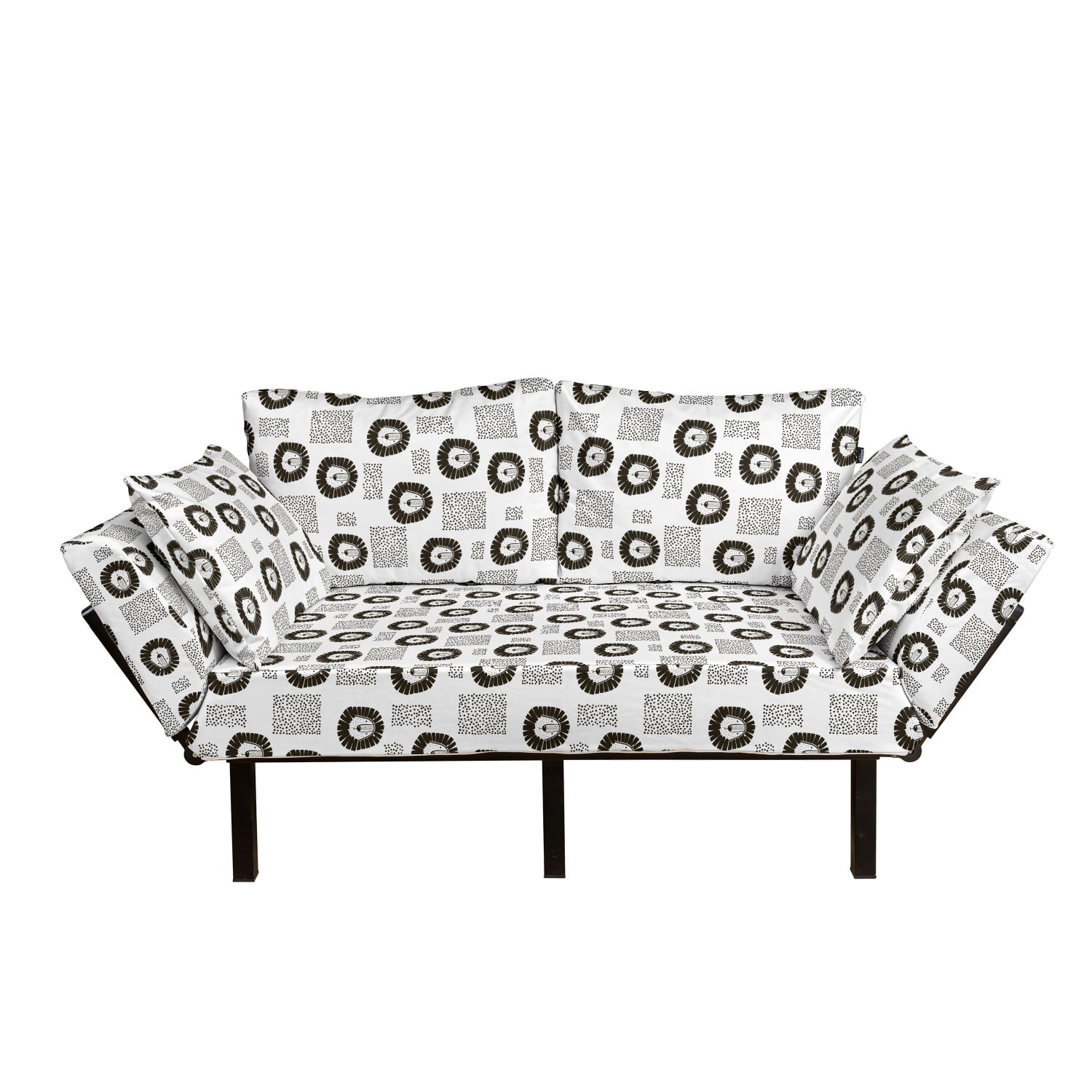 Black and White Futon Couch, Lion with Dotted Rectangle Pattern Hand