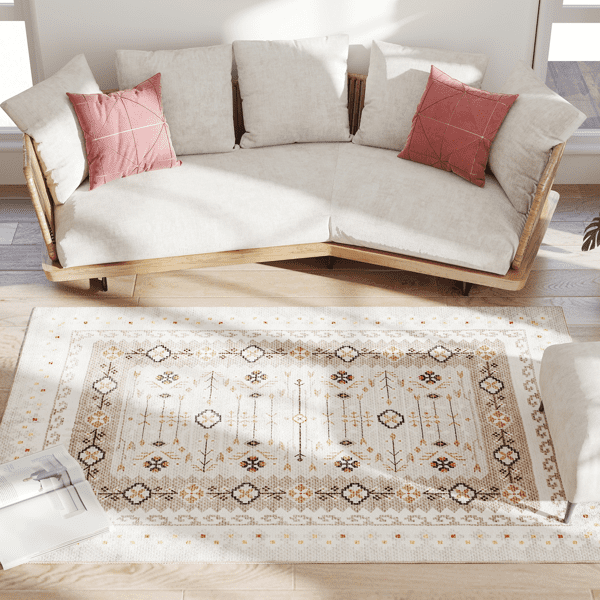Brown Geometric & Floral Pattern Area Rug 72"x48" Flannel Soft Non-Slip TPR Backing Machine Washable Rug for Living Room Bedroom
