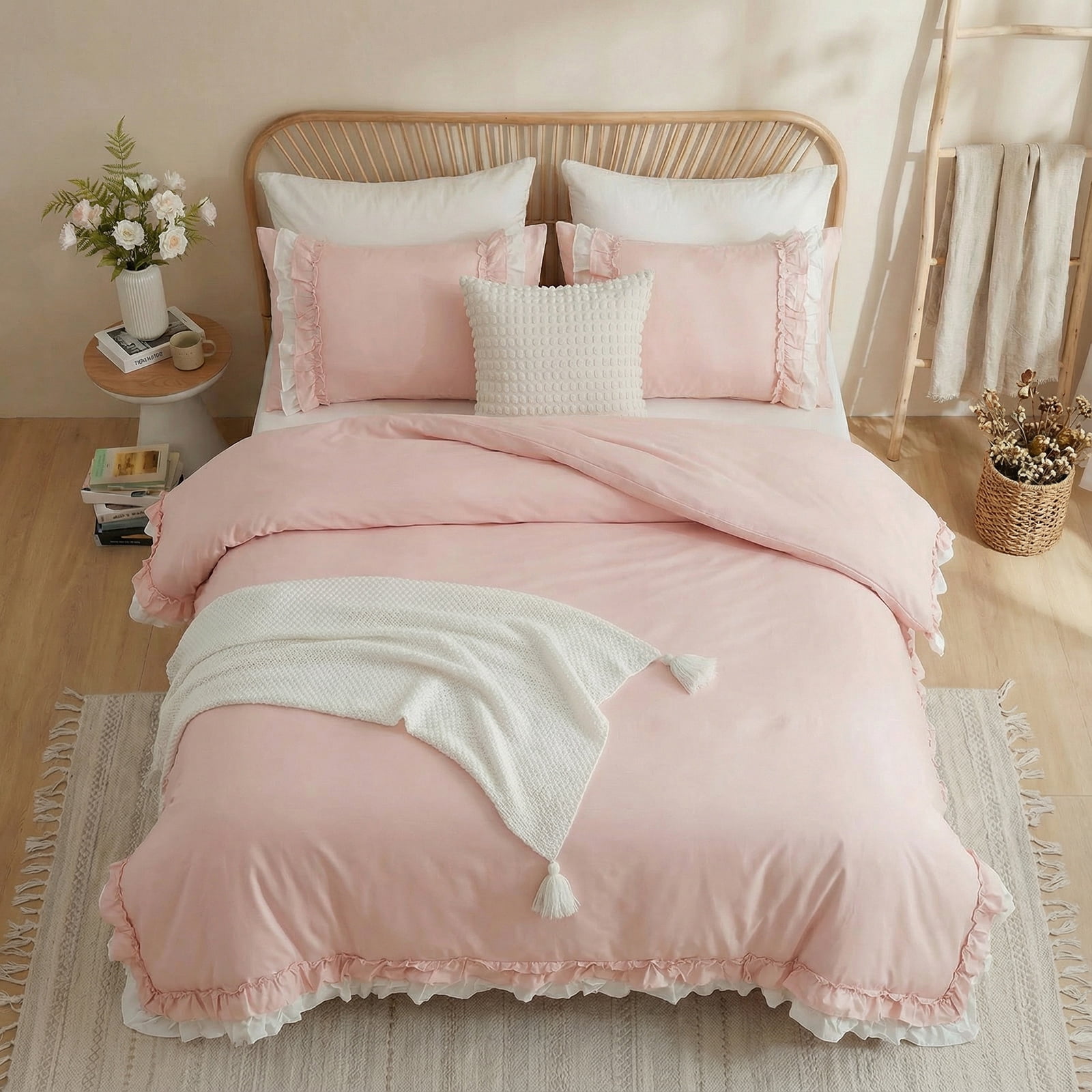 100% Cotton Ruffled Comforter Set Queen, White Shabby Chic Farmhouse Bedding Set French Country Cute Comforter Set