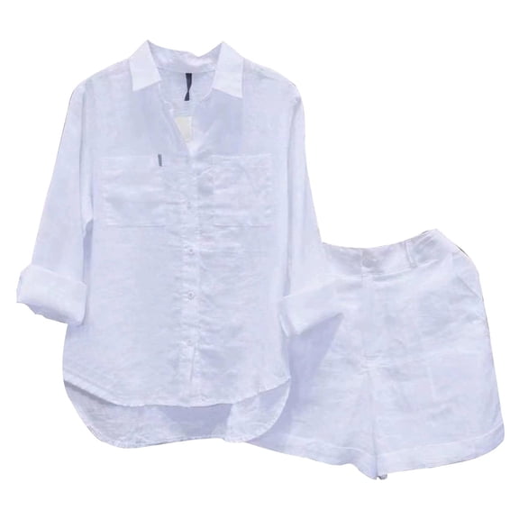 LEKODE Womens 2 Piece Linen Short Sets Summer Button Down Shirt Shorts Casual Lounge Beach Vacation Outfits with Pockets White M